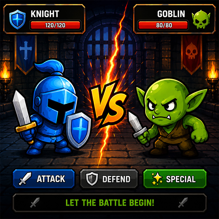 Knight versus goblin battle screen